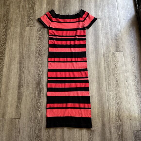 BEBE Dress Size P/S Coral Red Black Stripe Off Shoulder Bodycon Y2K Body Shaping - Picture 2 of 11